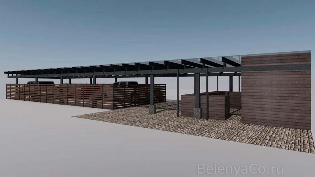 Навес на 4 автомобиля с зоной летней кухни в Подмосковье